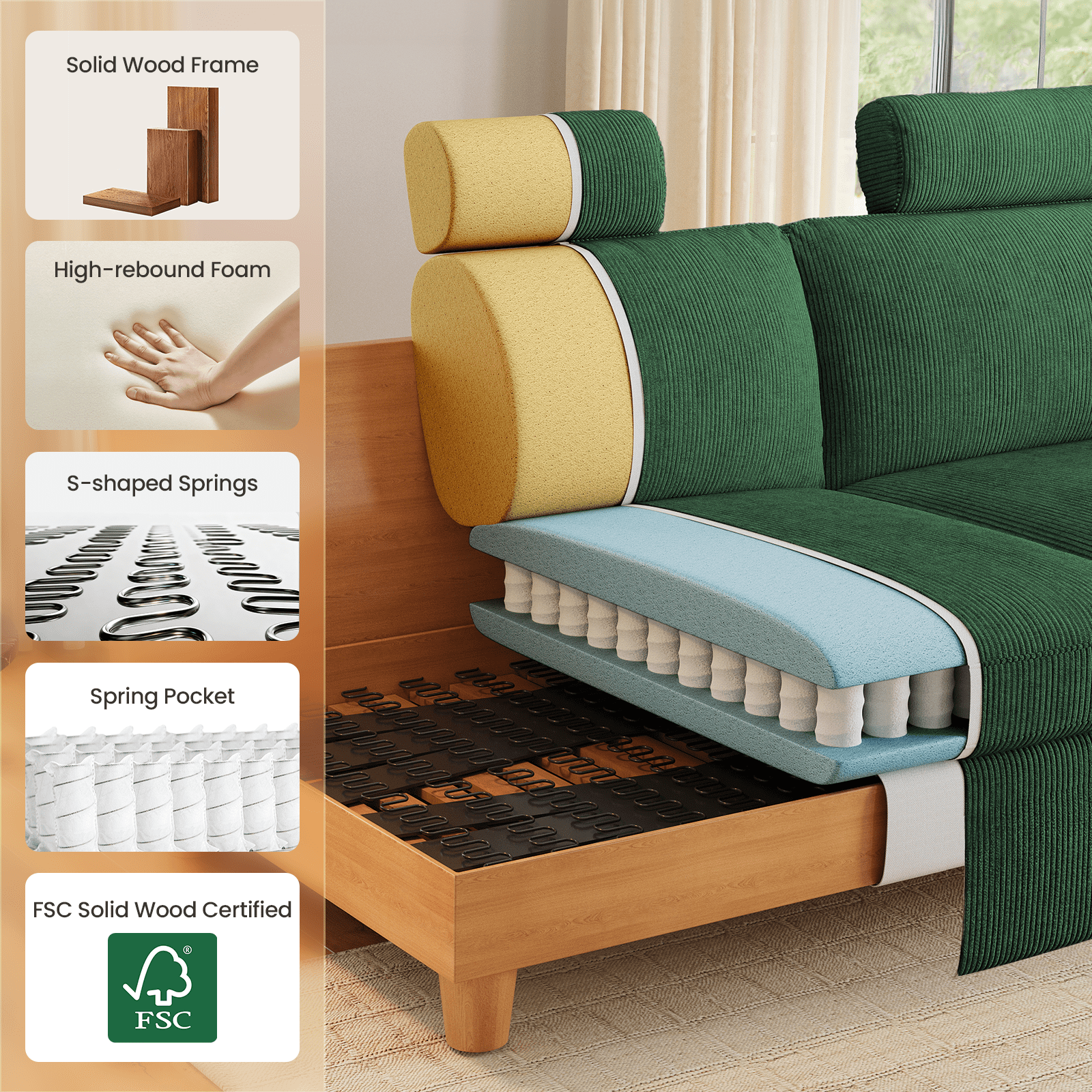 87" Cloud Comfy Sofa Couch with Deep Seat and Thick Cushion, Corduroy Upholstered Fabric Soft for Living Room Office, Green (Includes Headrest)