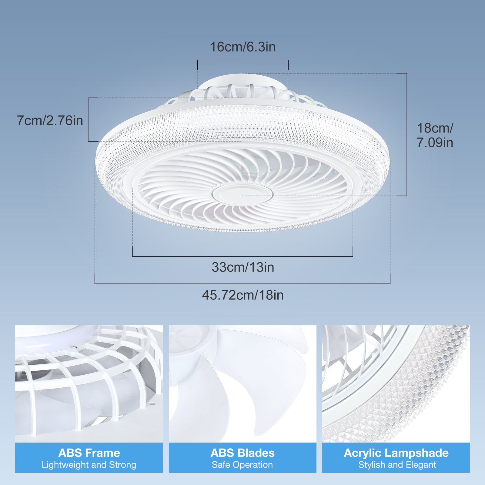 BLITZWILL 18" Ceiling Fan with Lights, With RGB Back Ambient Light,Remote & APP Control,Dimmable Color Temperature and 6 Wind Speeds & Timing,Bladeless Enclosed Ceiling Fans