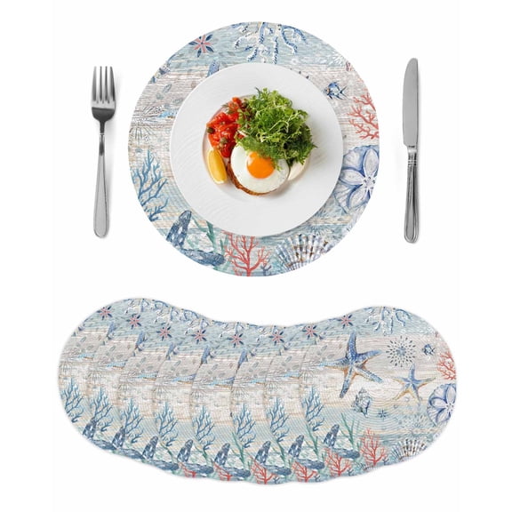 Coastal Starfish Round 13 Inch Placemats Set of 8, Blue Nautical Coral Seashell Wooden HeatResistant Non Slip Place Mats for Dining Table, Wipeable Braided Kitchen Table Mats for Housewarming