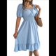 thumbnail image 1 of Vestido Corto Bohemio de Verano para Mujer, con Escote Cuadrado, Mangas Abullonadas, Hombros Descubiertos, Fruncido, Informal, de Corte A, con . Azul L, 1 of 10
