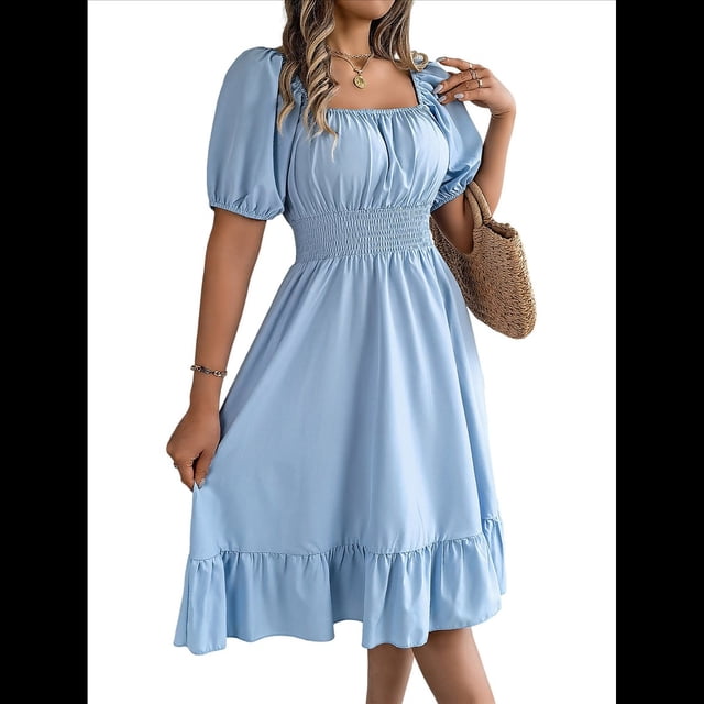 Vestido Corto Bohemio de Verano para Mujer, con Escote Cuadrado, Mangas Abullonadas, Hombros Descubiertos, Fruncido, Informal, de Corte A, con . Azul XL