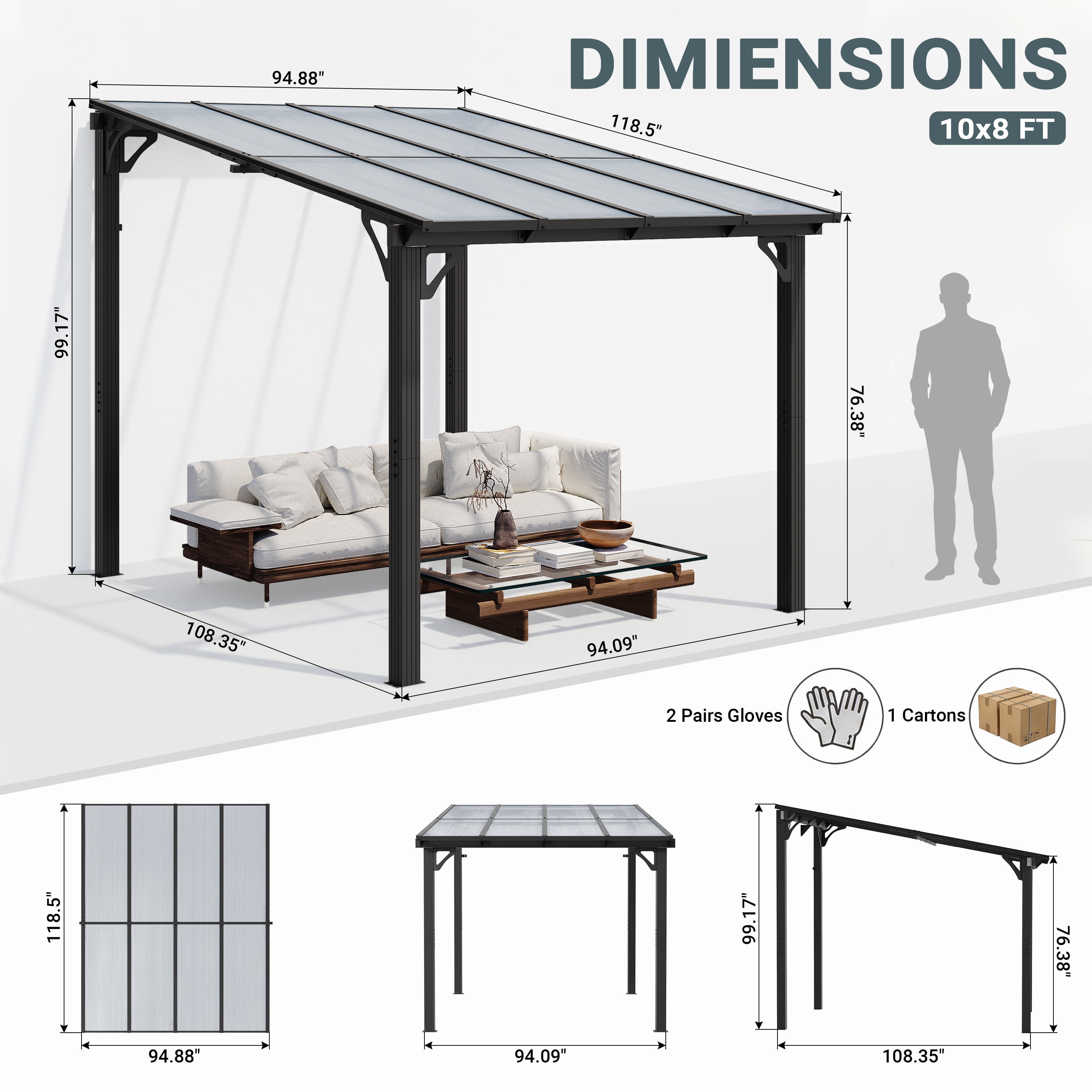 MUCHANT 10x8 ft Wall Mounted Gazebo, Hardtop Lean to Pergola with Polycarbonate Roof, Outdoor Patio Cover for Shade and Rain for Patios, Decks, Backyard