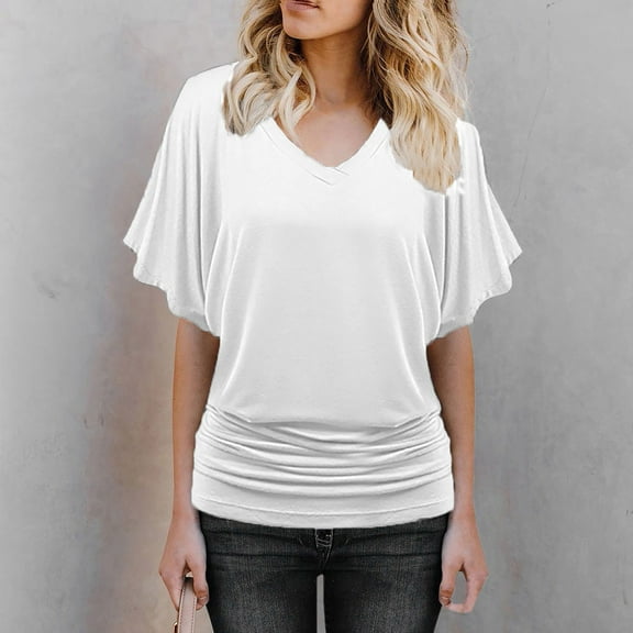 WIZUTIZ Womens Shirts up to 60% Off Casual Flowy Fluffy Tops Short Sleeve Solid Blouse Sports V-Neck Comfy Tshirts Plain Elegant Cotton Blend Tee T-shirt Cozy Style Breathable Ladies Tshirt Shirts