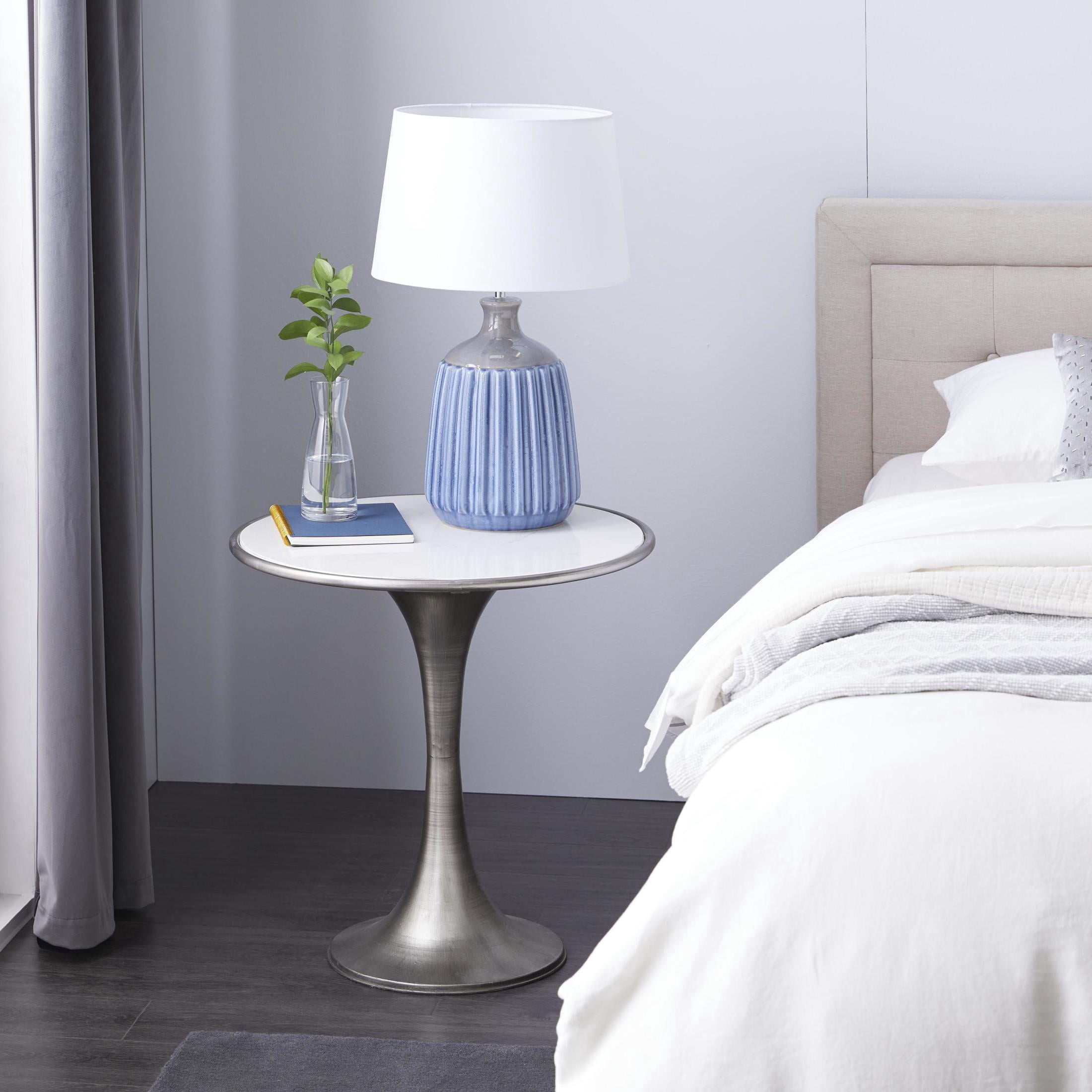 DecMode 25" x 25" Silver Metal Accent Table with White Marble Top, 1-Piece