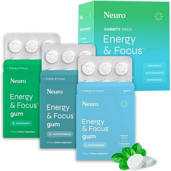 Neuro Energy & Focus Gum Variety Pack w/ Caffeine, L-Theanine, B Vitamins 54 count 6 pack
