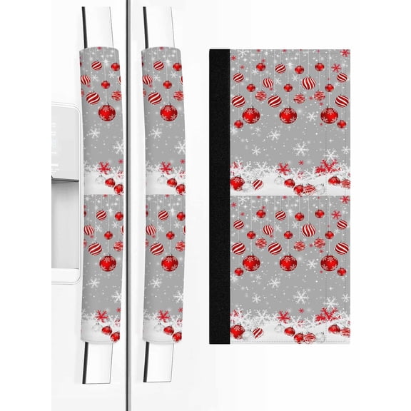 Grey Red Christmas Balls Refrigerator Door Handle Covers Set of 2, Xmas Snowflake Kitchen Fridge Microwave Oven Dishwasher Stove Cabinet Handle Protectors, Washable Appliance Decor