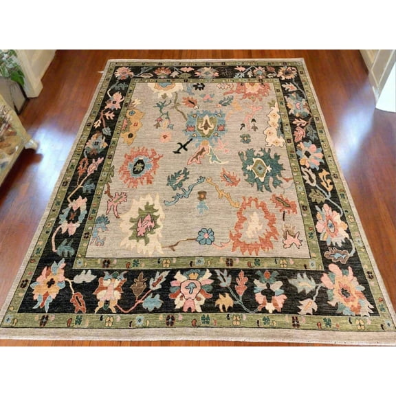 Oushak Ivory/Black 9X12 Handmade Wool Rug # 12211