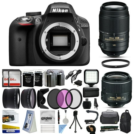 Nikon D3300 DSLR Digital Camera with 18-55mm VR II + 55-300mm VR Lens + 128GB Memory + 2 Batteries + Charger + LED Video Light + Backpack + Case + Filters + Auxiliary Lenses + More!