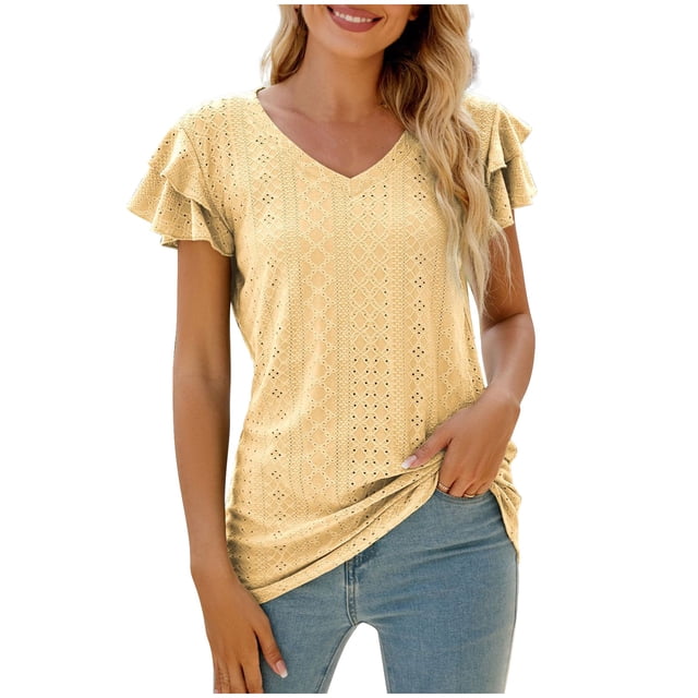 AherBiu Summer Tops for Women Layered Ruffle Cap Sleeve V Neck Tunic Top Shirts Blouse Solid Color