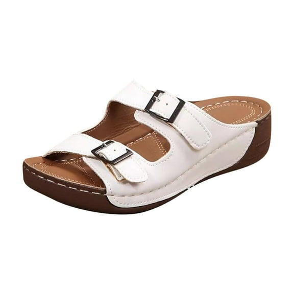 Xfvqtps Wedge Sandals for Women Slide Sandals Double Buckle Straps Open Toe Soft Sole Comfortable Summer Walking Sandals White
