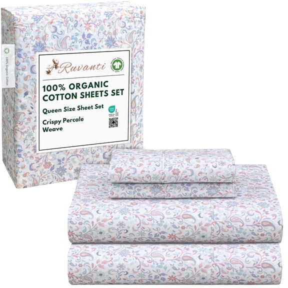 RUVANTI 100% Organic Cotton Sheets - Queen Sheet Set - 4 Piece Percale Weave Bedding, Crisp, Cooling & Breathable, Soft & Durable, 16" Deep Pocket, Hotel Quality Sábanas - Multi Paisley