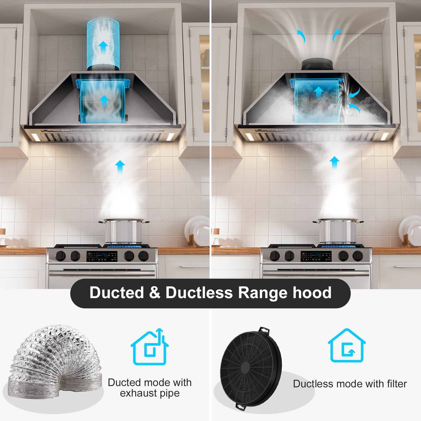 36 In. 900 CFM Insert Range Hood In Black Stainless Steel With Dishwasher Filter and LED Lights