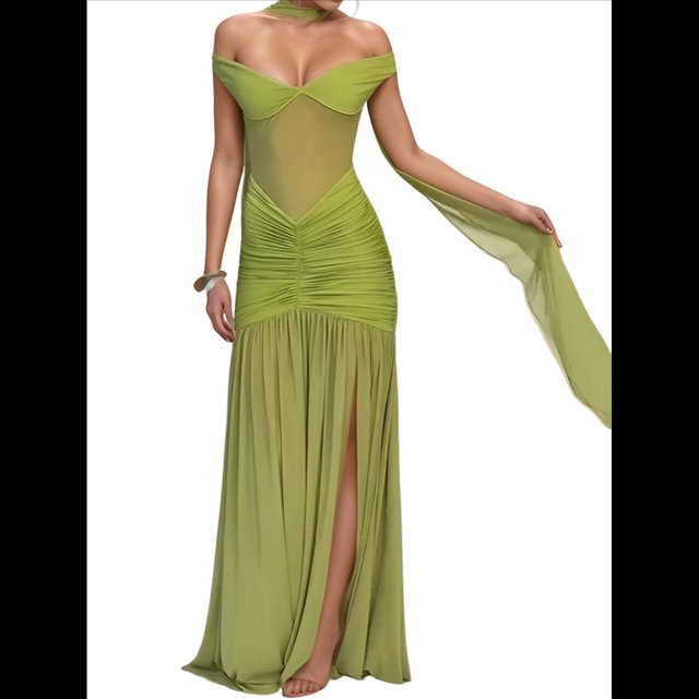 Vestido de Dama de con Escote en V, Plisado, de , 2025, con Hombros Descubiertos, Fluido, Formal, de Noche, para Invitada de Boda con Abertura Verde M