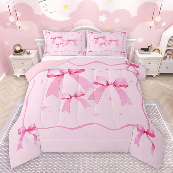 Feelyou Cartoon Bowknot Kids Bedding Comforter Set, Black Pink Bow Twin Comforter Sets, Dreamy Princess Style Reversible Bedding Set, Luxury Bedroom Decor, 2 Pieces