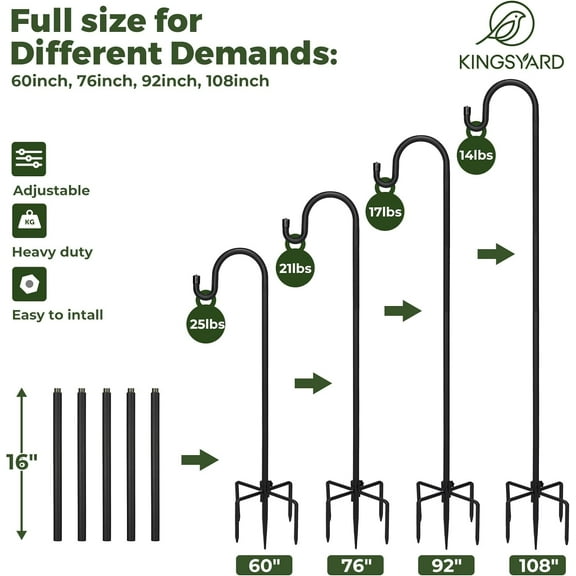FGERFE-Adjustable Shepherd Hooks for Outdoor - 60 INCH Heavy Duty Bird Feeder Pole with 5 Prong Base, Hummingbird Feeder Stand, Garden Plant Baskets, Weddings Decor, Solar Light Lanterns