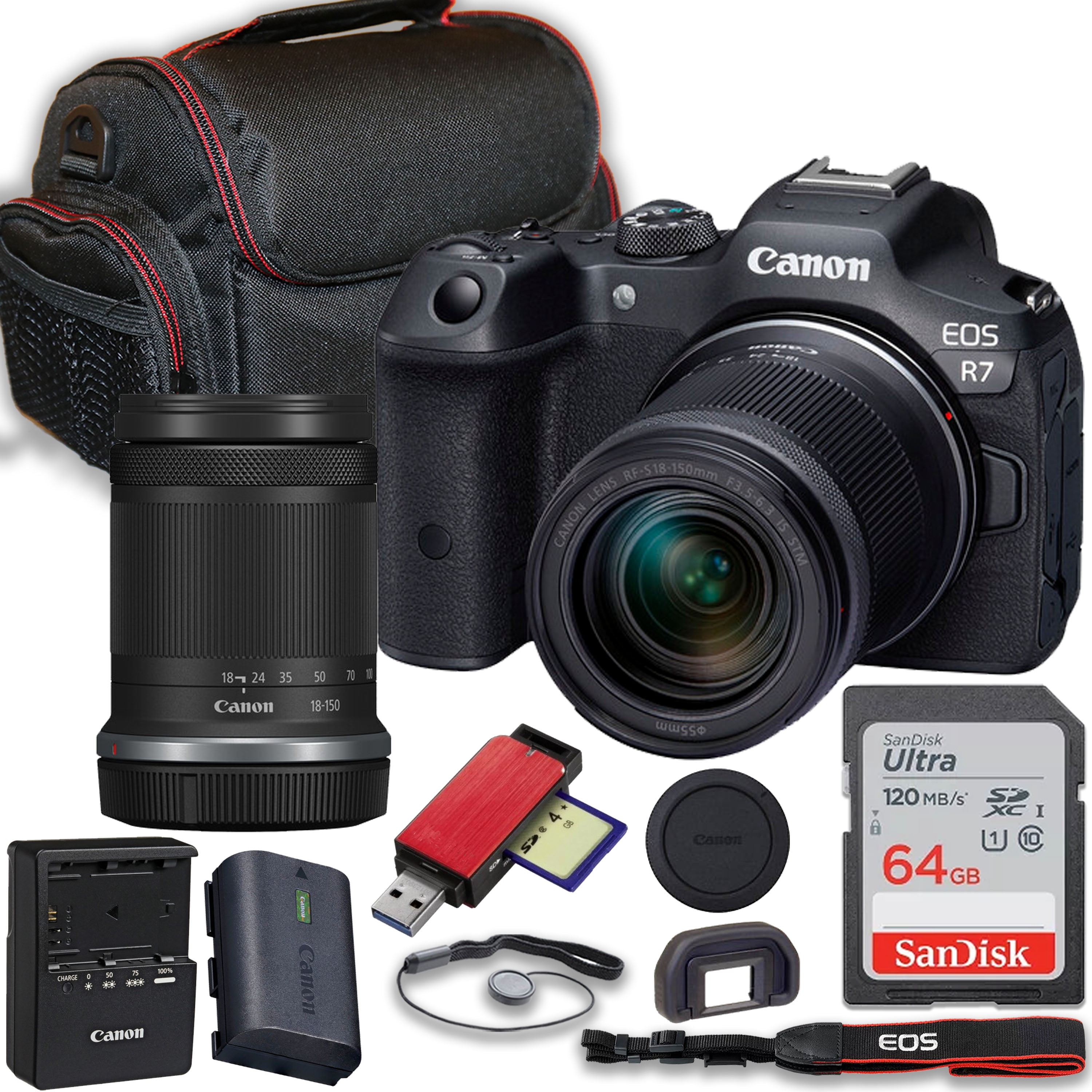 Canon EOS R7 Mirrorless Camera with Canon RF-S 18-150mm f/3.5-6.3 IS STM  Lens + 64GB Memory Card + Accessories including: Case, Card Reader & More 