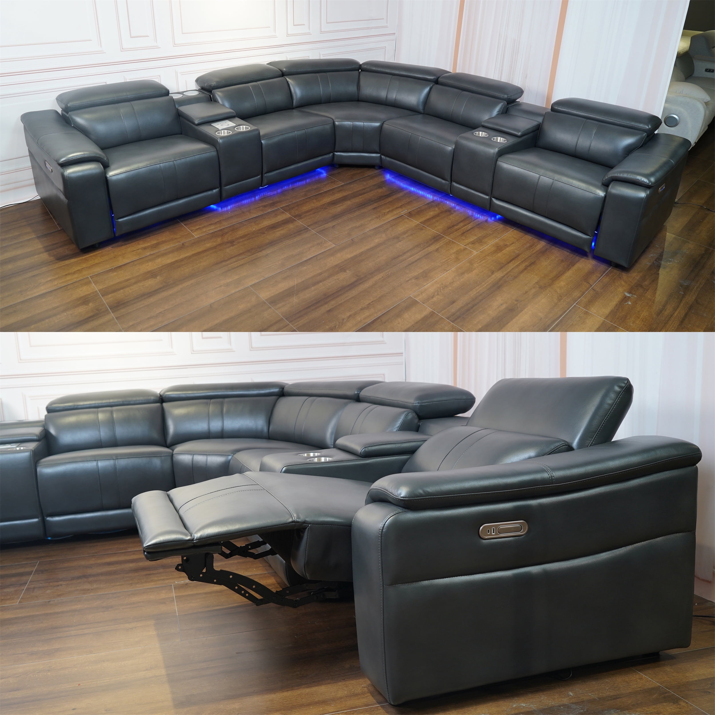 Arron Modern Leather Power Reclining Sectional Sofa with Media Console, Wireless Charging, Bluetooth Speakers, and Ambient LED Under-Glow, Gray