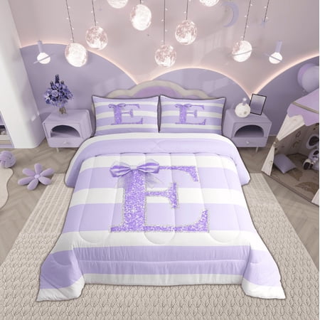 Feelyou Initial Letter E Bedding Comforter Set Cartoon Monogrammed Twin Comforter Sets Princess Ribbon Bedding Set Luxury Bedroom Decor 2-Piece
