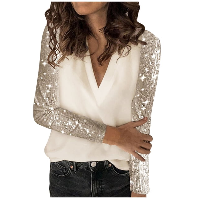 Pompotops Mode Femmes T-shirt à Manches Longues Col en V Haut Décontracté à Sequins Blouse Ample Liquidation