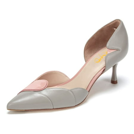 

XYD Women s Elegant Color Blocked D Orsay Pumps Pointed Toe Kitten Heels Scalloped Lines Slip-On Shoes for Wedding Size 8.5 Silver-Pink