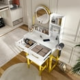 thumbnail image 6 of Makeup Vanity Desk with Lighted Mirror, Paproos Yellow Vanity Table, Vanity Dressing Table with Power Outlet & Hair Dryer Stand, Makeup Table and Stool Set with Drawers & Storage Shelves, Metal Legs, 6 of 7