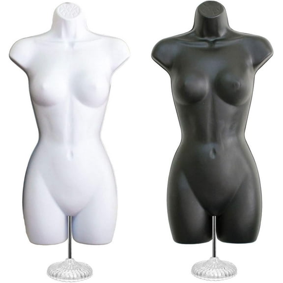 Black Female White Female Dress Form Mannequin Hip Long Hollow Back Body Torso Set w/ Acrylic Stand with Metal Pole & Hanging Hook, S-M Sizes