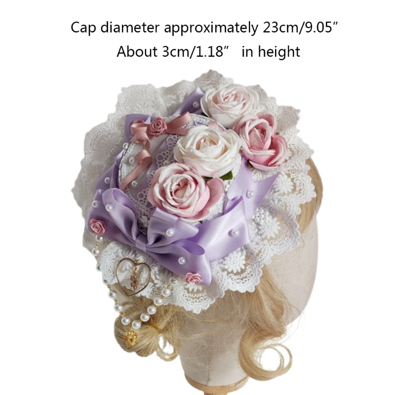 Japanese Lolita Sweet Lace Top Hat Pearl Beaded Bowknot Rose Flower Bonnet Flat Cap Vintage Steampunk Tea Party Hair Accessories