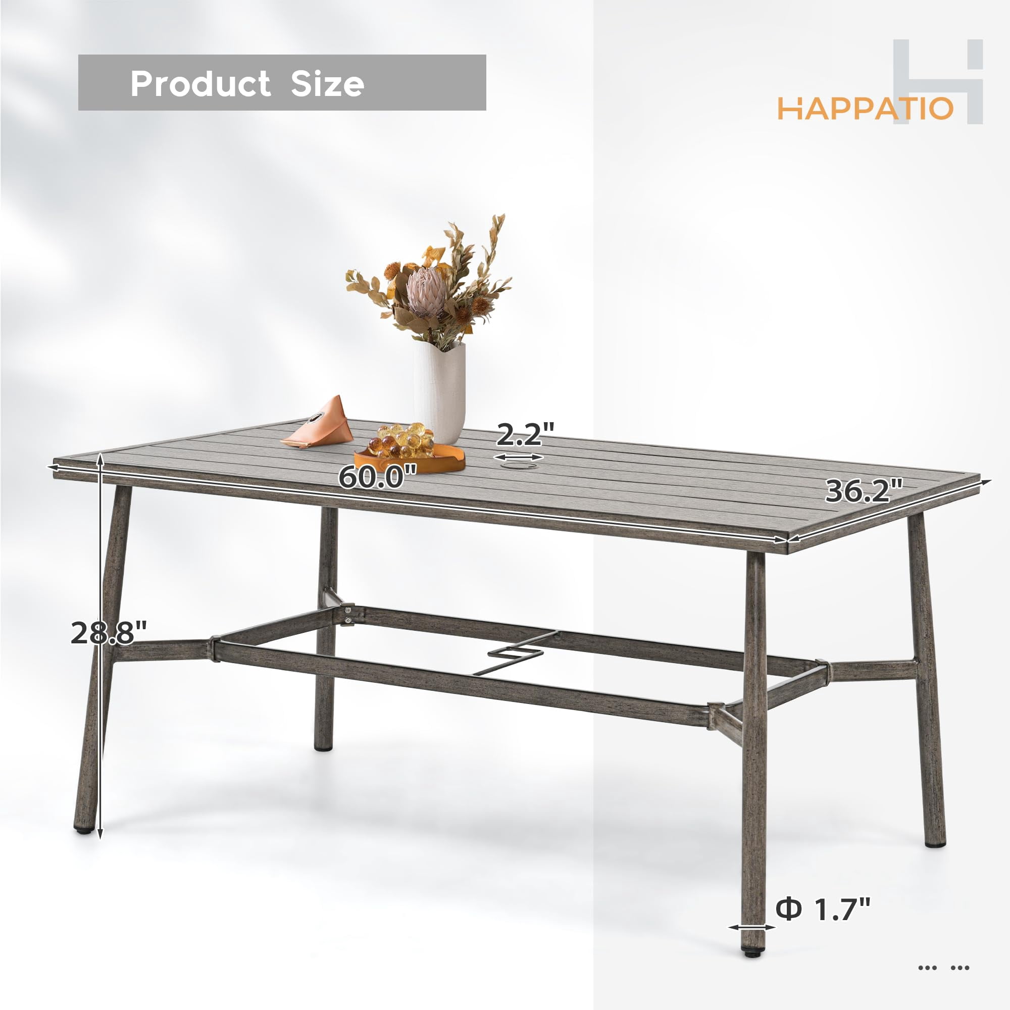 Aluminum 60"x 36" Rectangle Outdoor Patio Dining Table for 6 with Umbrella Hole and Adjustable Feet