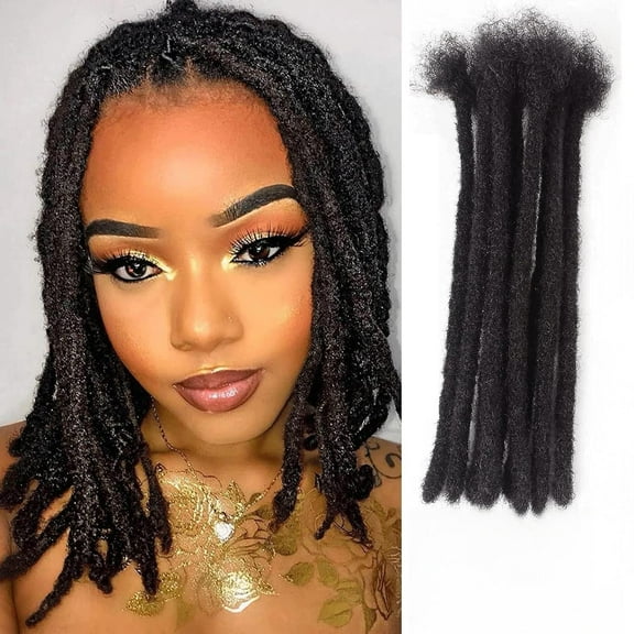 Dreadlock Extension Human Hair 4inch 0.8cm Width Permanent Huamn Hair Loc Extension Can Be Dyed Bleached Curled Handmade Loc Extension for Women/Men/Kids (10 Strands Natual Black)