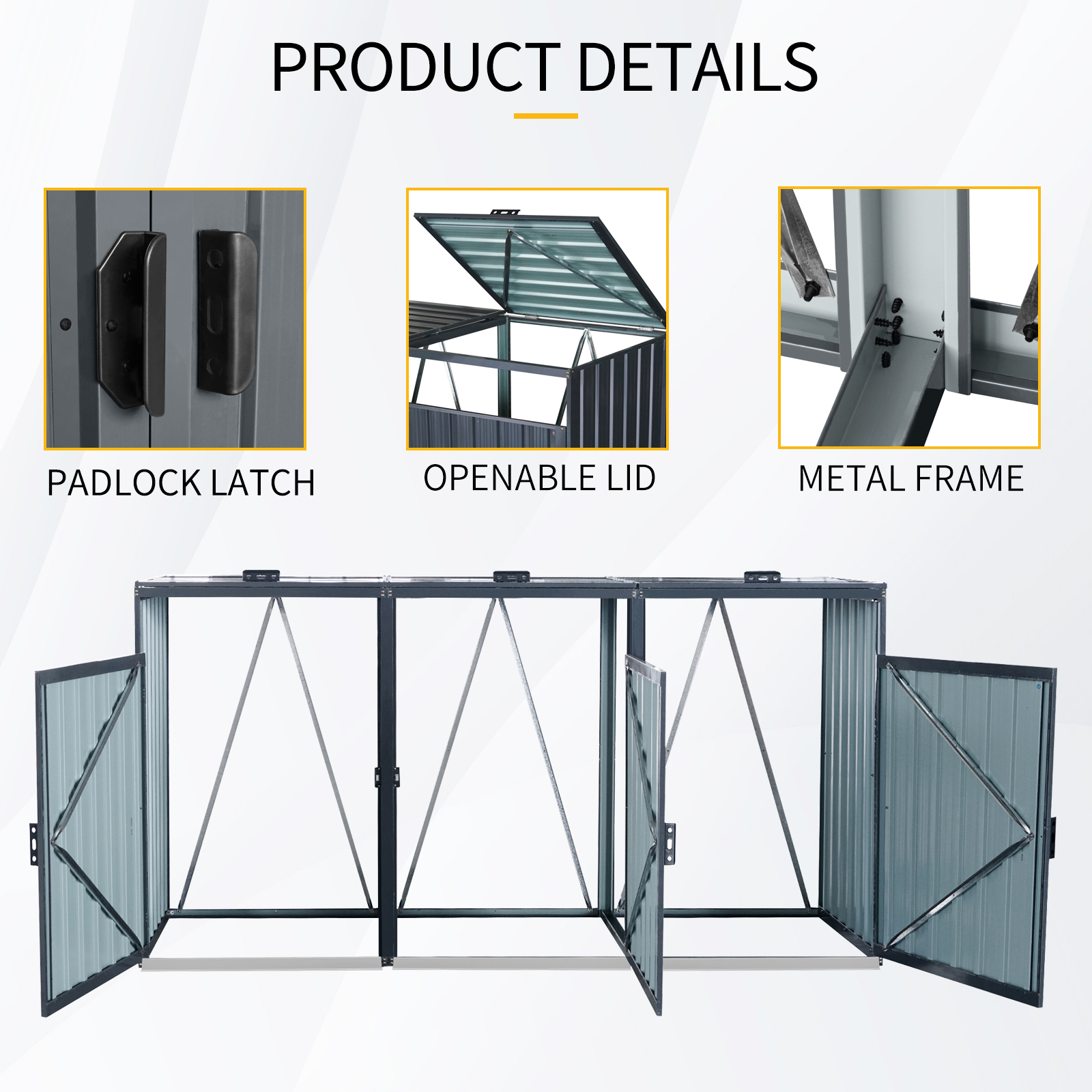 Outdoor Metal Garbage Bin Shed, Lockable Waterproof Storage Shed for 3 Trash Cans, Patio Waste Enclosure