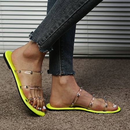 

Kukoosong Summer Women Sandals Casual Beach Sandals for Women Fashion Metallic Decorated Candy Color Slippers with Flat Heels Yellow Size 37