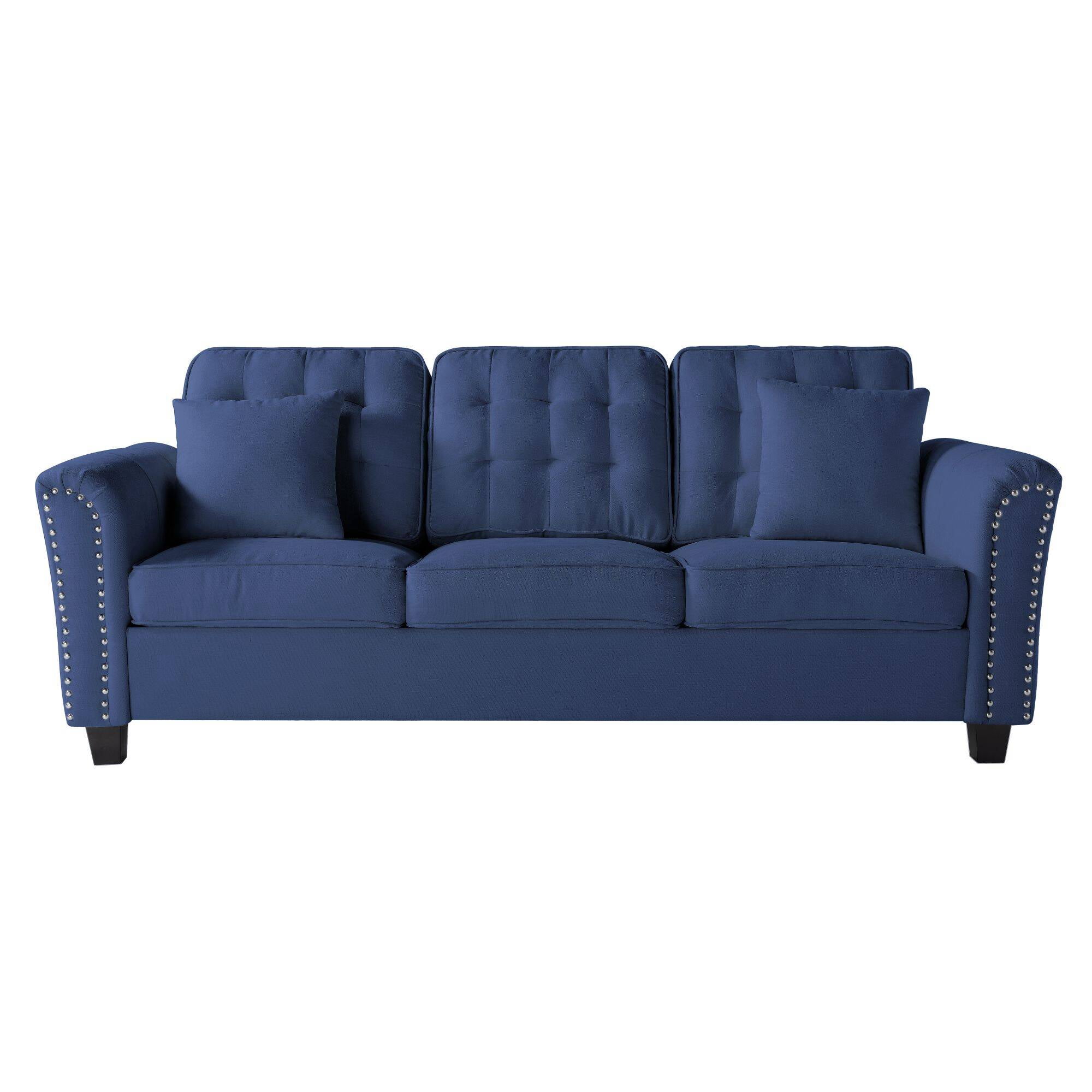 Modern 3 Seat Classic Modern Sofa with 2 Pillows, Tufted Upholsteres Couch with Rolled Arms and Nailhead Trim for Living Room, Apartment, Black