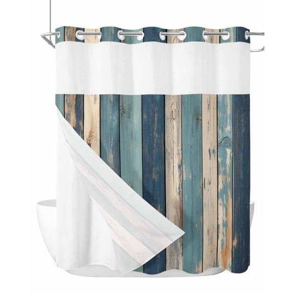 No Hook Cloth Fabric Shower Curtain with Snap in Liner, Teal Beige Stripe Waterproof Shower Curtains Set with See Through Top Window, Farmhouse Vintage Wooden Grain Bath Curtains Shower 72"x78"