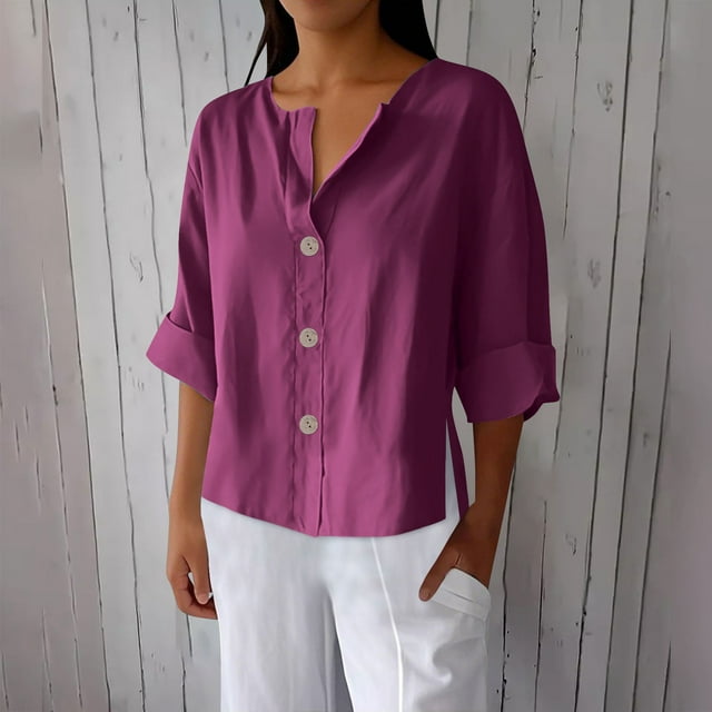 Wensltd Spring Summer Womens Linen Tops V Neck Botton T Shirts
