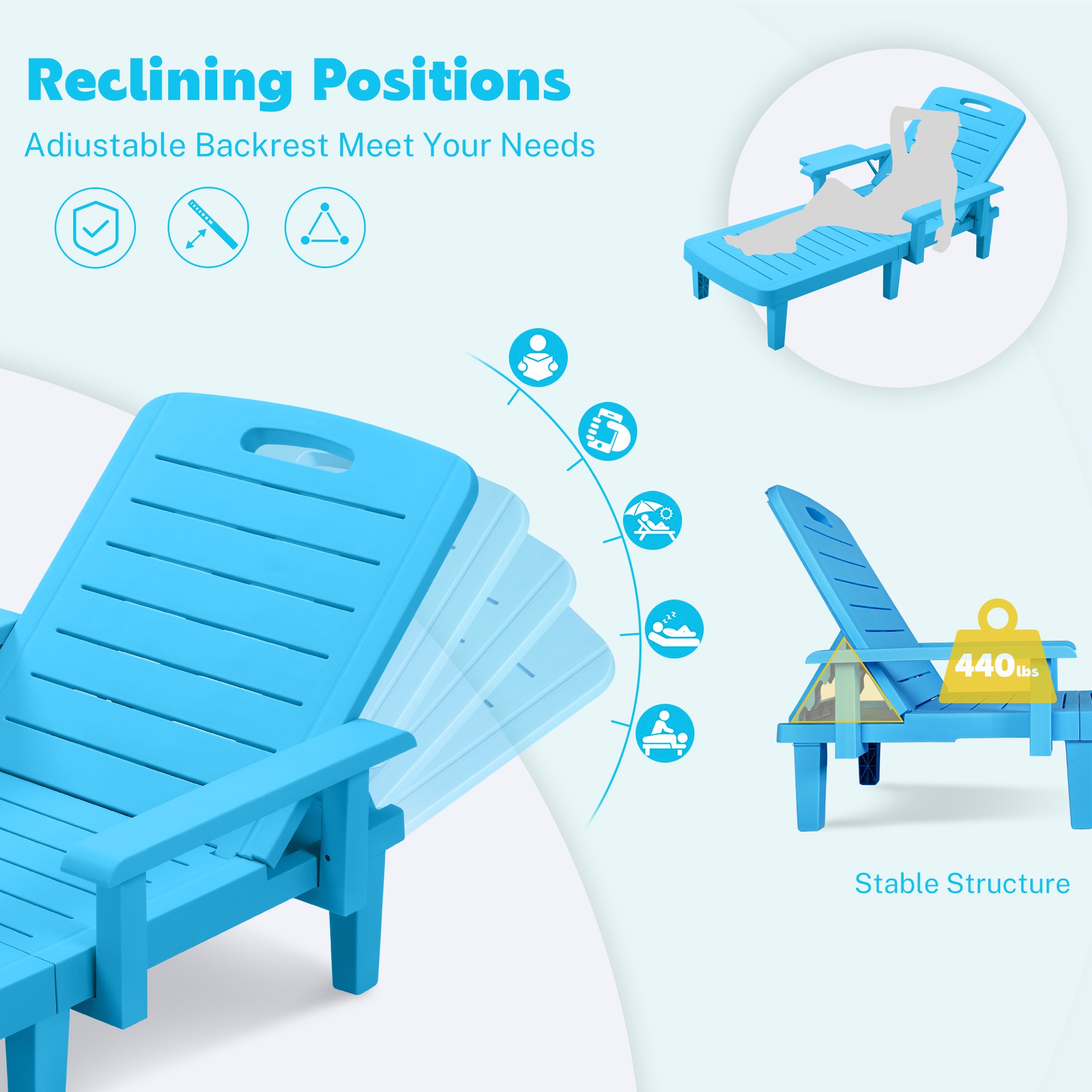 Outdoor Chaise Lounge Chair Furniture Sets of 2, Segmart Patio Pool Recliner, Chaise Chairs Set with Wide Armrest, Side Table, 5-Level Angles Adjust Backrest, Max Weight 440lbs, Blue