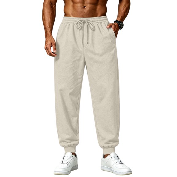 Men’s Tapered Sweatpants Workout Streetwear Waist Elastic Drawstring Joggers Pants Ribbed Ankle Cuffs Casual Pants with Pockets Beige M