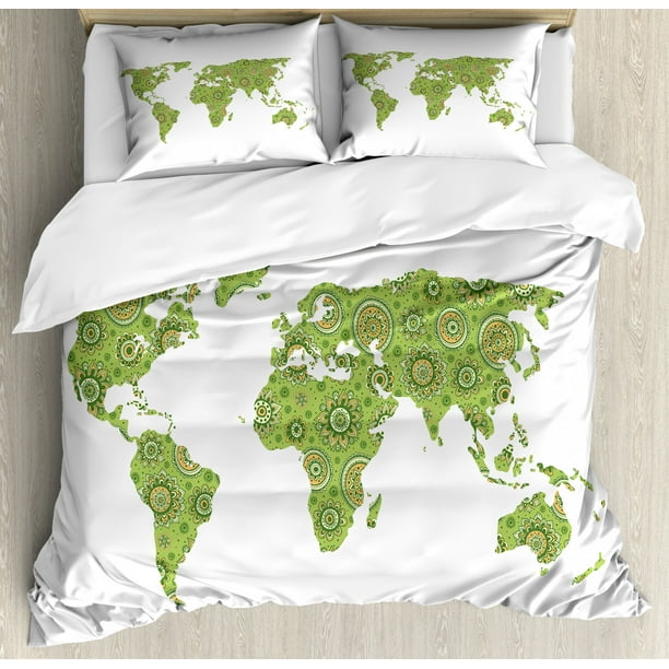 Fl World Map Duvet Cover Set Queen Size Mandala Inspired Round Figures On Green Color Ethnic Asian Inspiration Decorative 3 Piece Bedding With 2 Pillow Shams Lime By Ambesonne Map Duvet Cover Set Queen Size, Asian Inspired Bedding King
