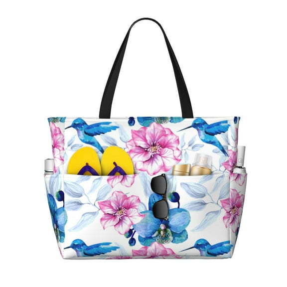 Large Beach Bags Water-resistant Sandproof - Hummingbird Flowers Cute Beach Tote Bags for Women with Zipper