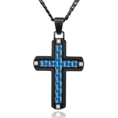 Crucible Black-Plated Stainless Steel Blue Carbon Fiber Cross with CZ Cross Pendant