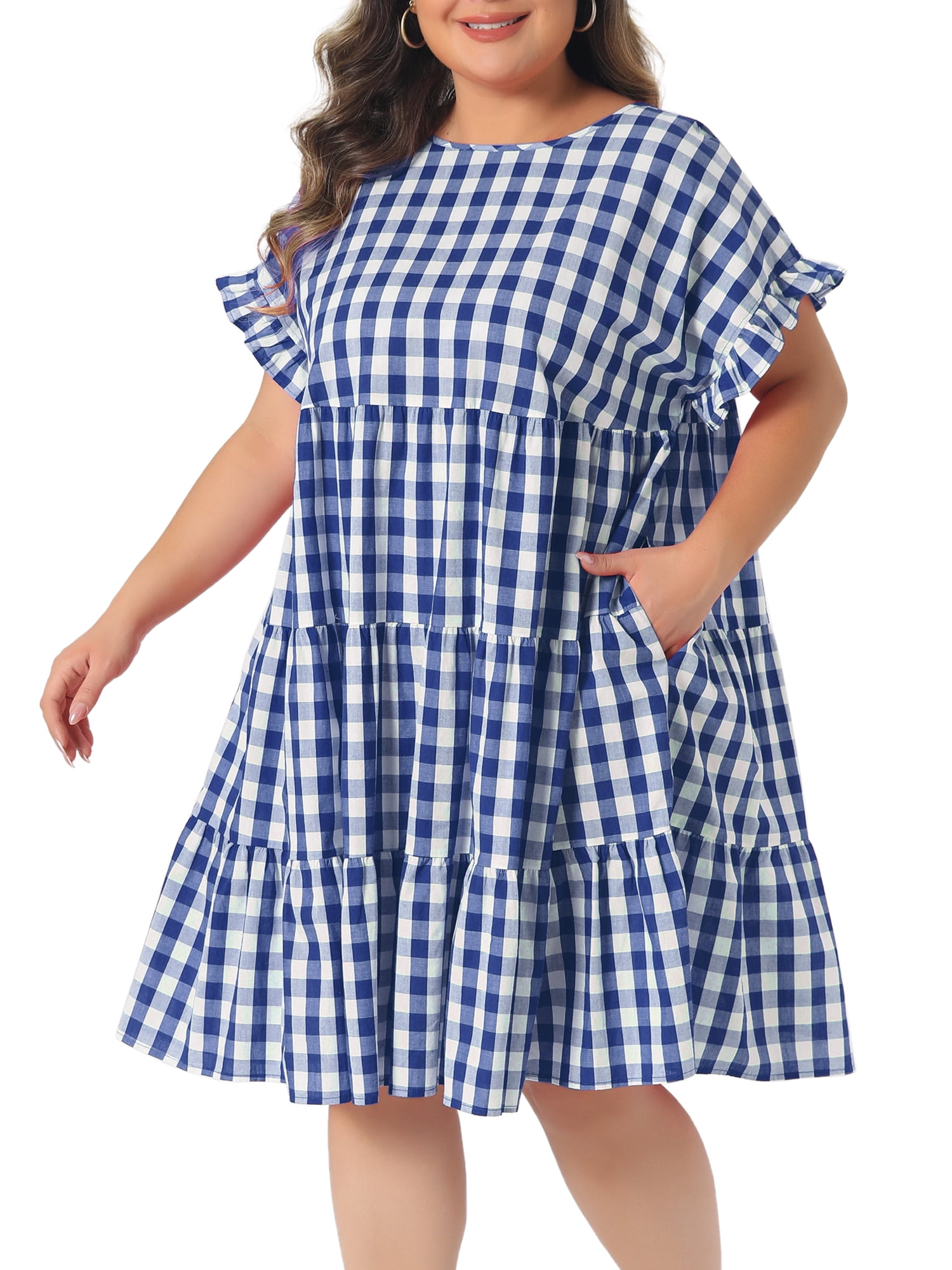DARING DIVA Women's Plus Gingham 1950s Plaid Round Neck Dress 3X Royal Blue