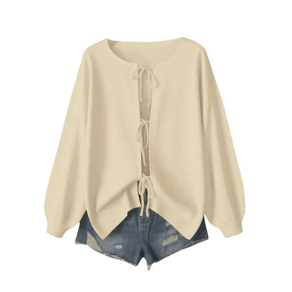 Breezora Oversized Tie Front Knit Cardigan Women Lightweight Long Sleeve Crew Neck Sweater Top Casual Fall Outfit L Size Beige