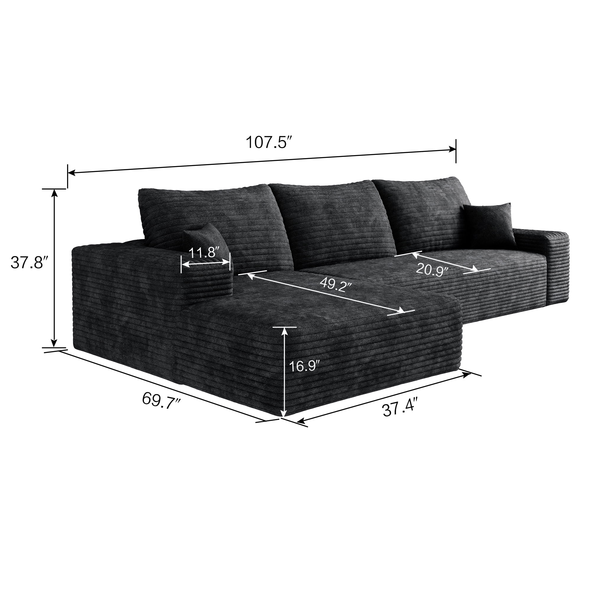 MAYEERTY 107" Cloud Sectional Couch with L-Shape Chaise, Modern Modular Deep Seat Sofa, No Assembly Plush Corduroy Fabric, Black (2 packages)