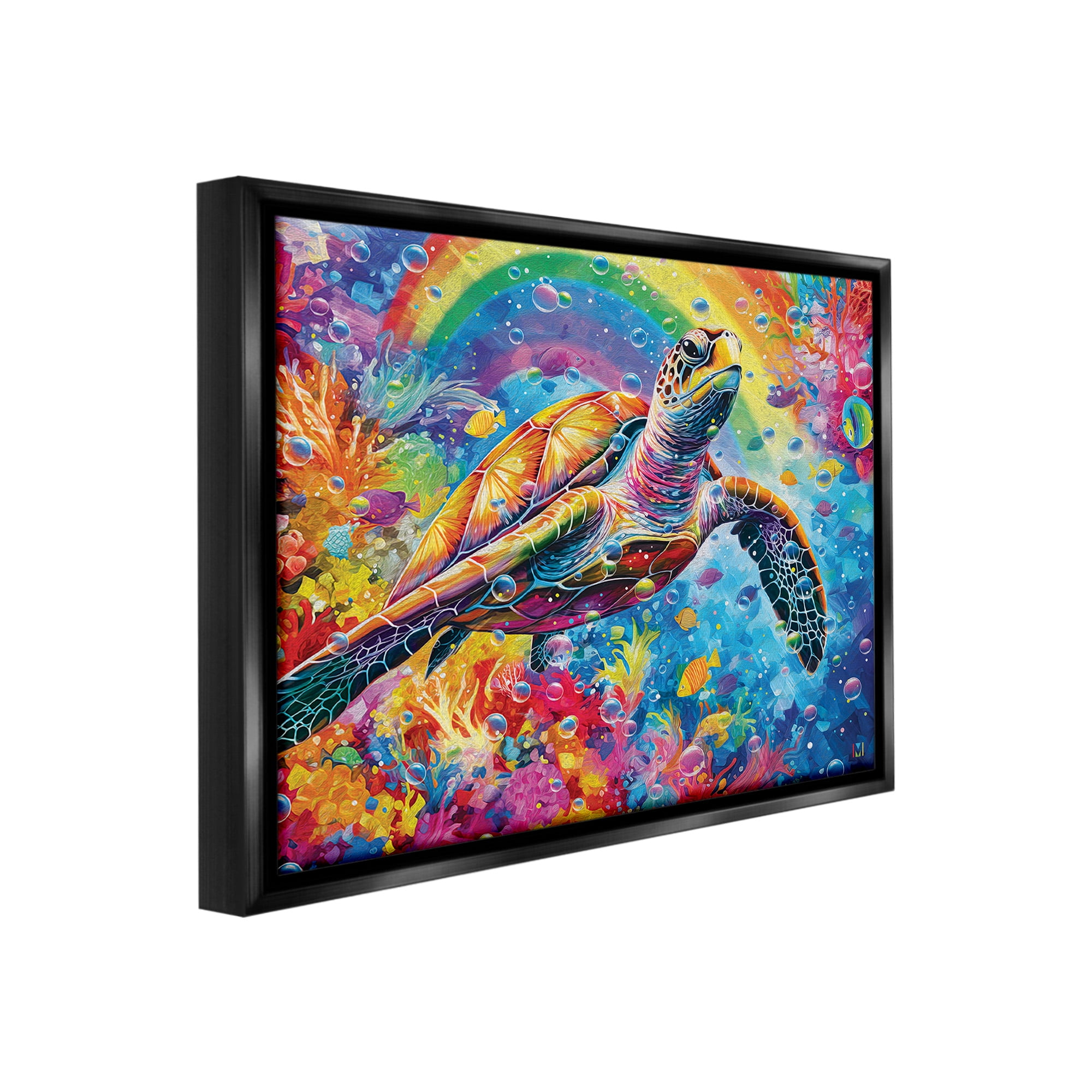 Stupell Industries Turtle with Underwater Rainbow Animals & Insects Painting Black Floater Framed Canvas Art Print Wall Art, 21 x 17