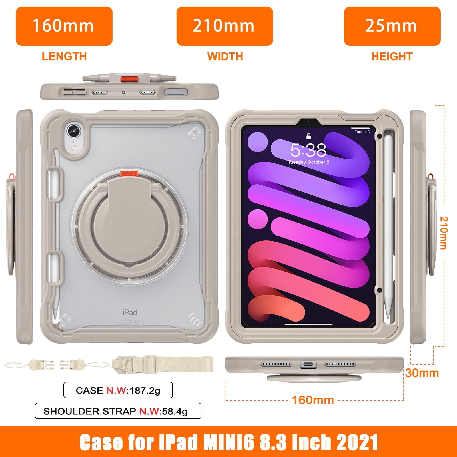 Dteck Case for iPad mini (A17 Pro) 8.3 inch 2024 / iPad mini 6th Generation,Military Grade Shockproof TPU Protective Cover for Kids with Stand -Grip Handle - Shoulder Strap - Pencil Holder,Khaki