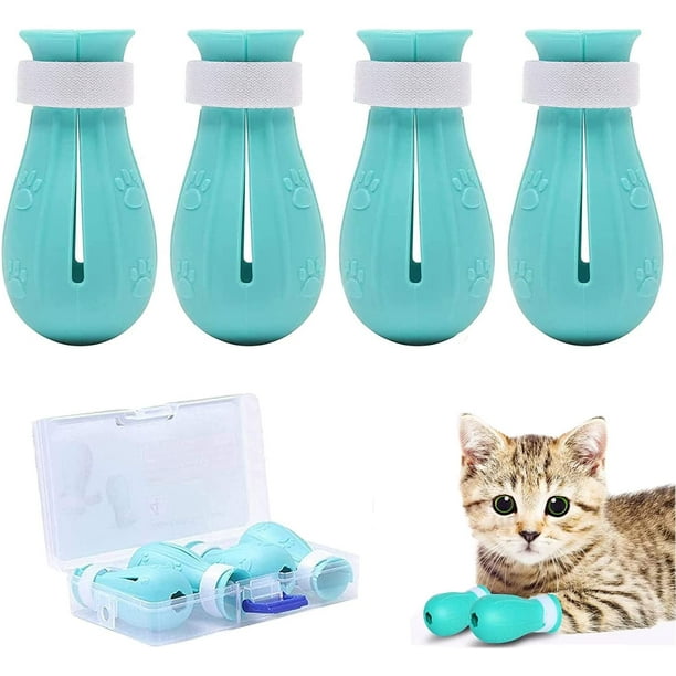 4 Zapato para gatos, botas antirrayas para pies de gato, protección ajustable para patas de gato para el hogar, baño, belleza, control de tratamientos, estación de masaje para gatos azules