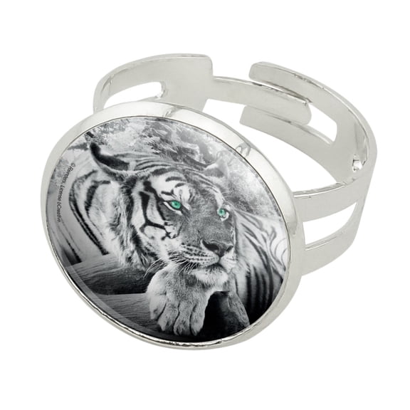 Black and White Tiger with Blue Green Eyes Silver Plated Adjustable Novelty Ring