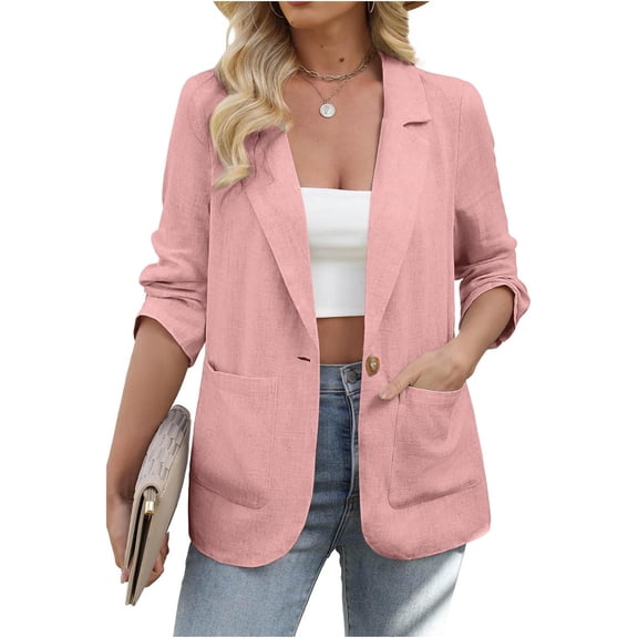 DAFPZW Womens Linen Blazer Casual Long Sleeve Lightweight One Button Jackets Spring Summer Suit with Pocket