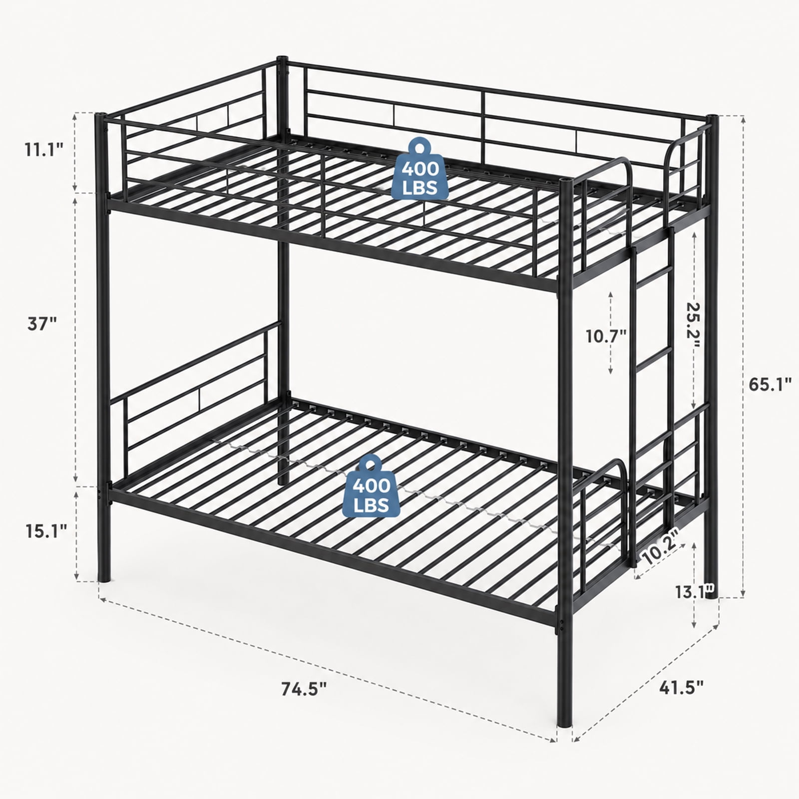 Alvantor Metal Bunk Bed Twin Over Twin with Ladder and Guardrail, 400lb Heavy Frame, Easy Assembly, Steel Bed for School, Bedroom