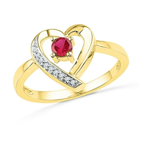 One Love Round Ring - 10kt Yellow Gold Womens Round Lab-Created Ruby Heart Love Ring 1/4 Cttw