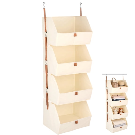 4-Tier Hanging Closet Organizer,Polyester Fabric Hanging Shelves – Beige Collapsible Storage for Clothes,Toys & Accessories,Space-Saving for Bedroom,Dorm,Laundry Room,47.2 x 10.2 x 12.2 in